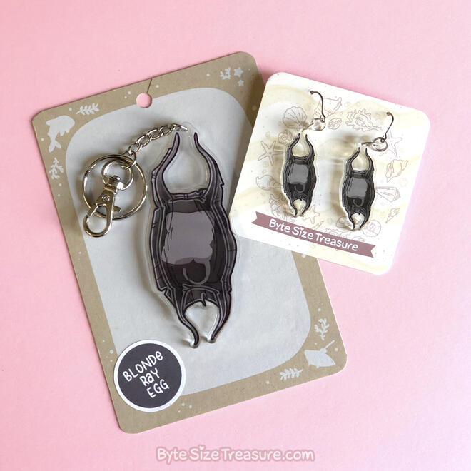 Acrylic Shark Egg Keychains and Earrings